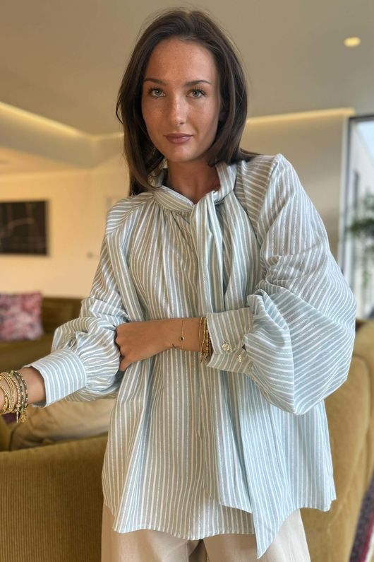 Nantucket Stripe Tie Neck Blouse Soft Sage